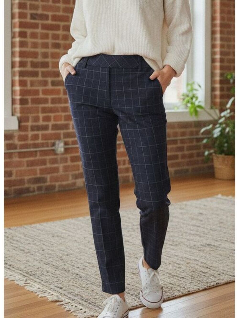 S.C.&CO. Women's Navy Windowpane Pants Size 10 Straight Leg Mid Rise